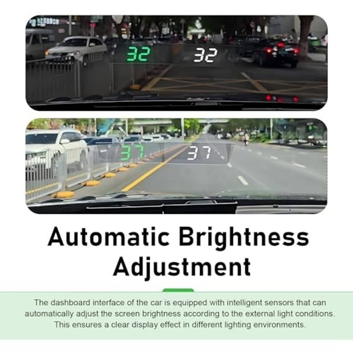 Dashboard windshield projection showing green speed 32 and 37 on road view