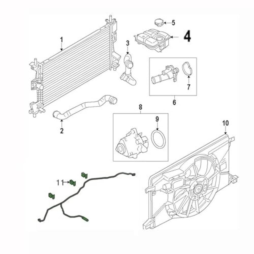 Front engine coolant reservoir tank with radiator hose assembly (diagram)