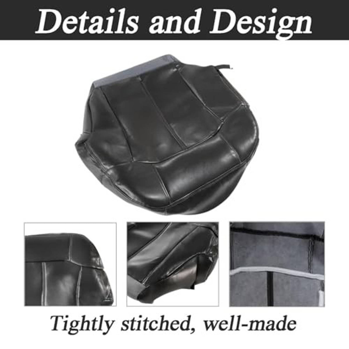 Front driver-side seat bottom cover with foam cushion, dark gray, stitched panel design