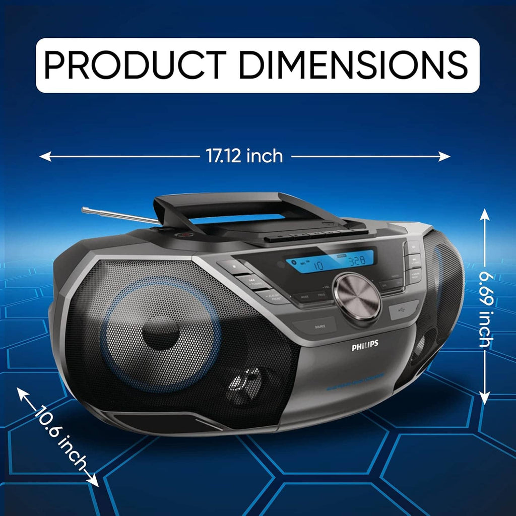 Philips portable CD cassette boombox angled view with top handle and dual speakers