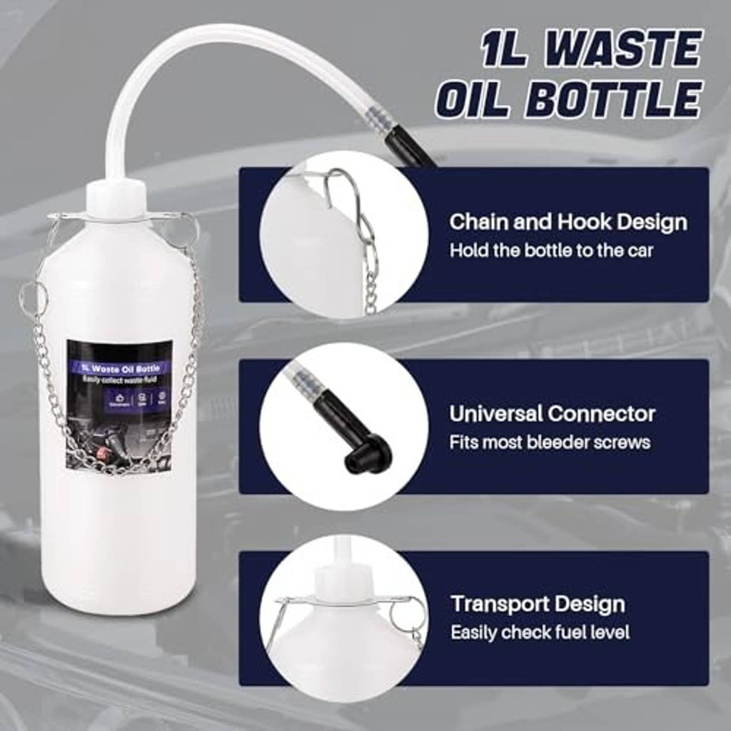 1L waste oil bottle with chain and hook, universal connector, and transport design