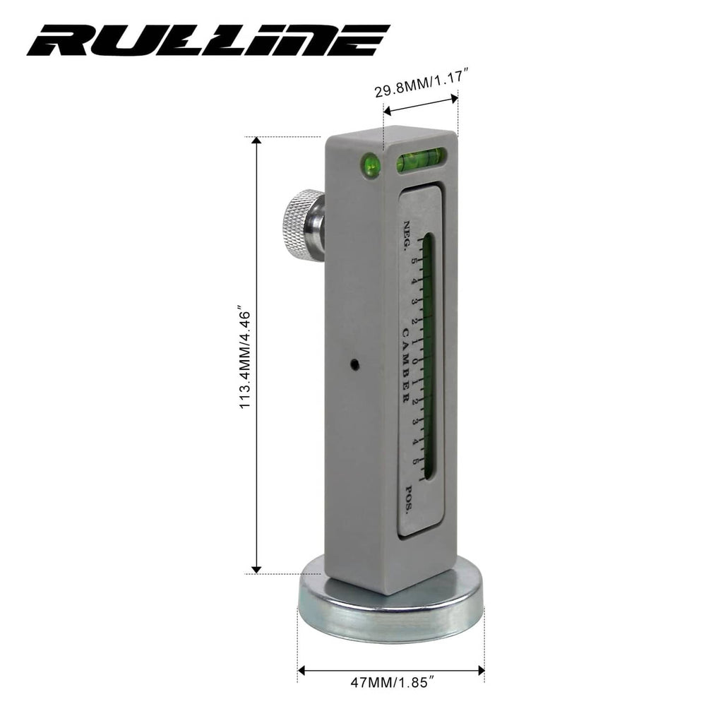 Magnetic camber gauge tool with green indicator window and scale on round base