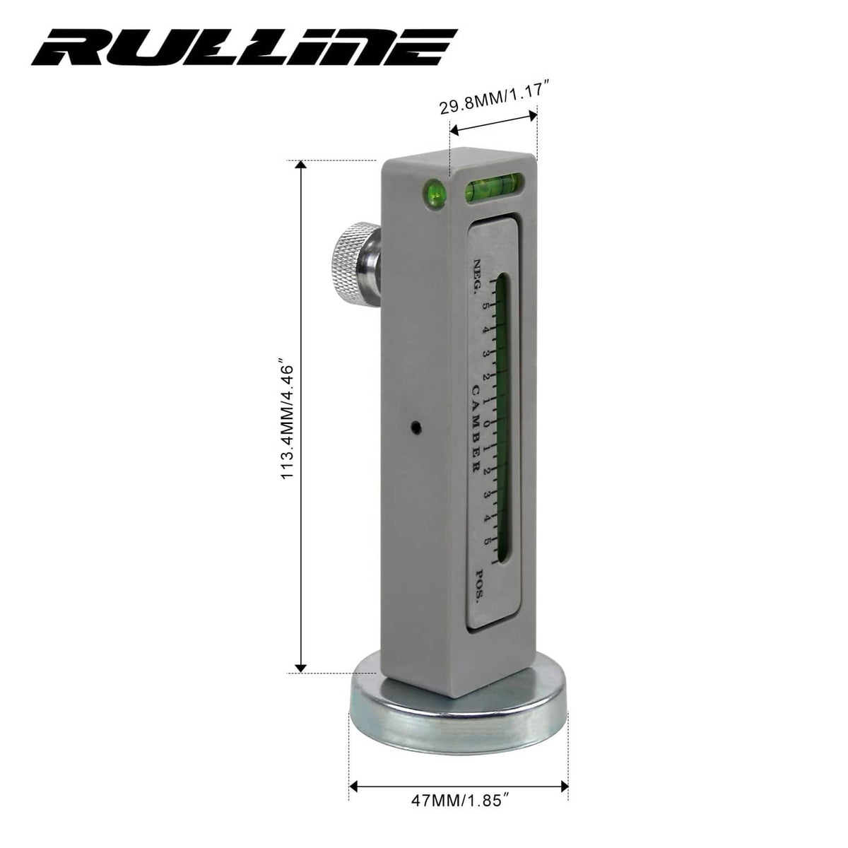 Magnetic camber gauge tool with green indicator window and scale on round base