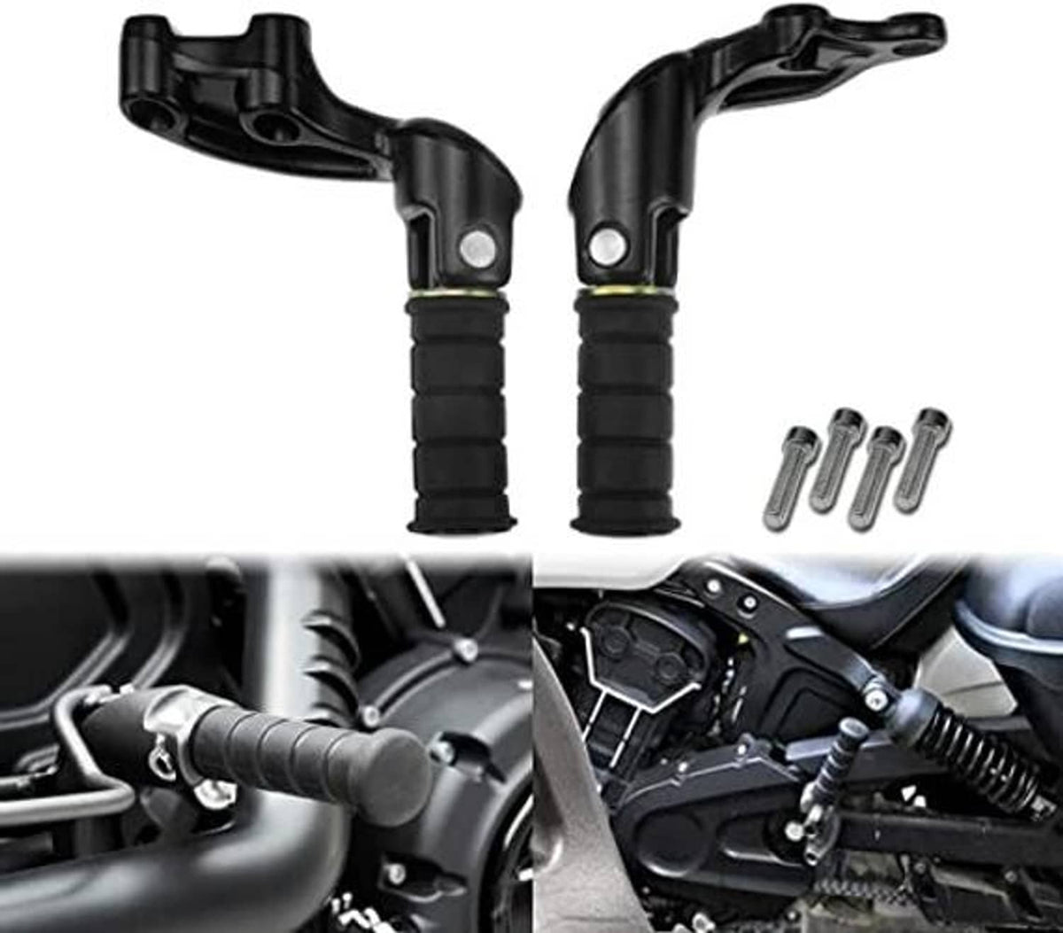 Matte black rear passenger footrest pegs with bracket and included hardware