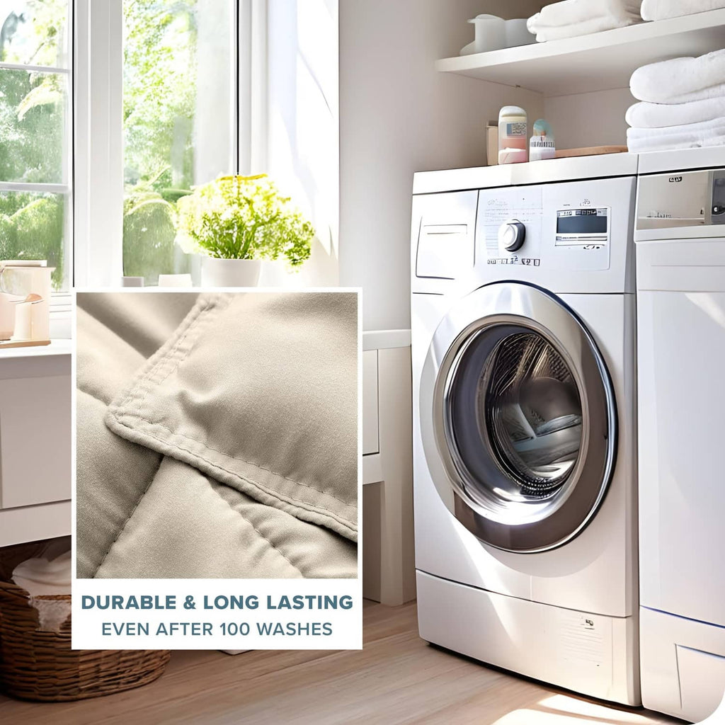 Cream down alternative comforter seam close-up with machine-washable style icons
