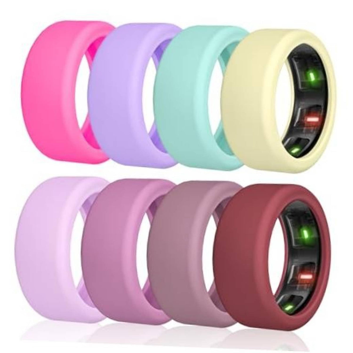Set of colorful silicone ring covers with open display window, showing multicolor LEDs