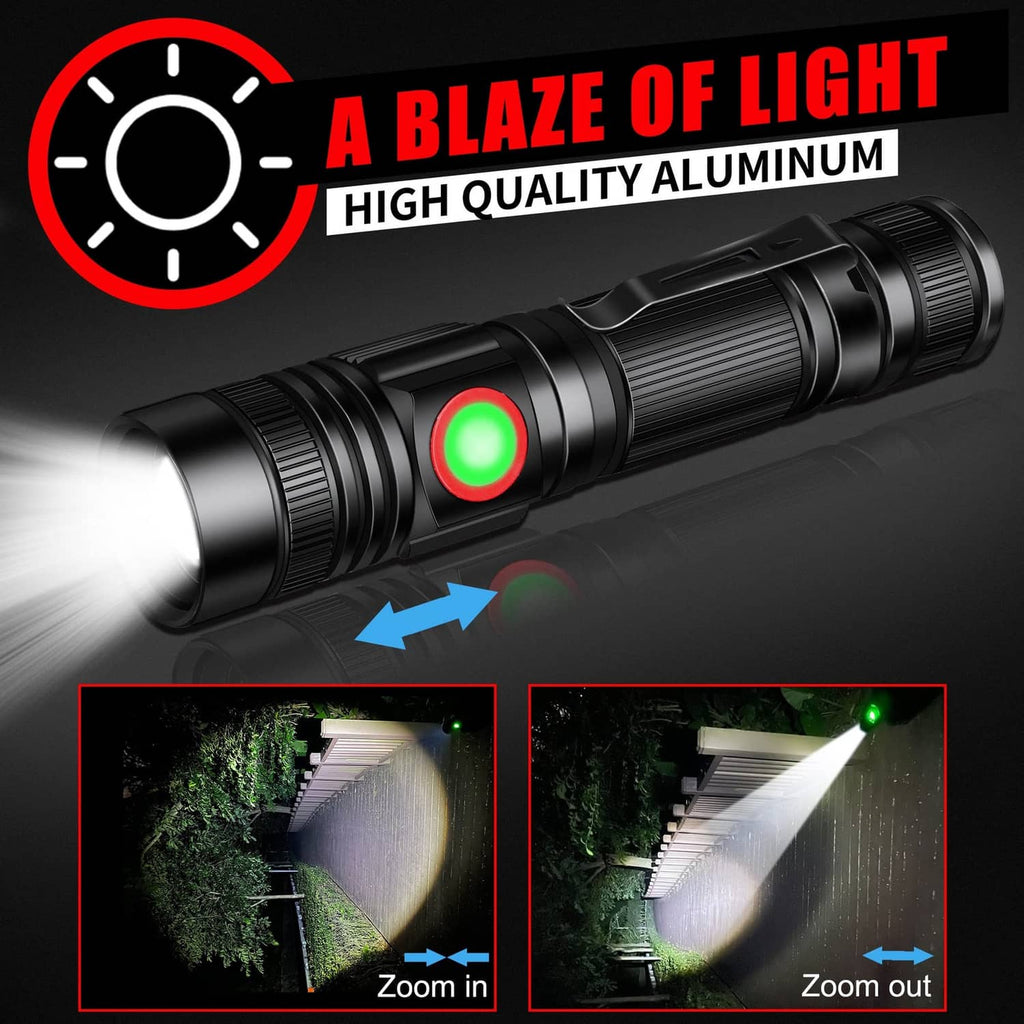 Black LED flashlight with glowing green front button and textured grip