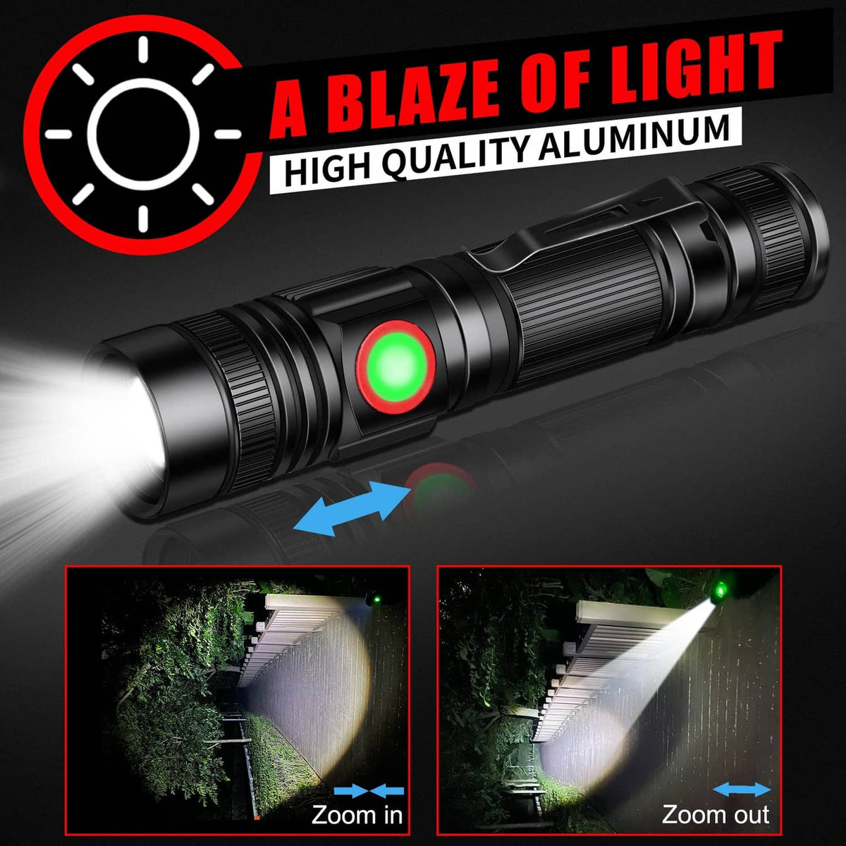Black LED flashlight with glowing green front button and textured grip