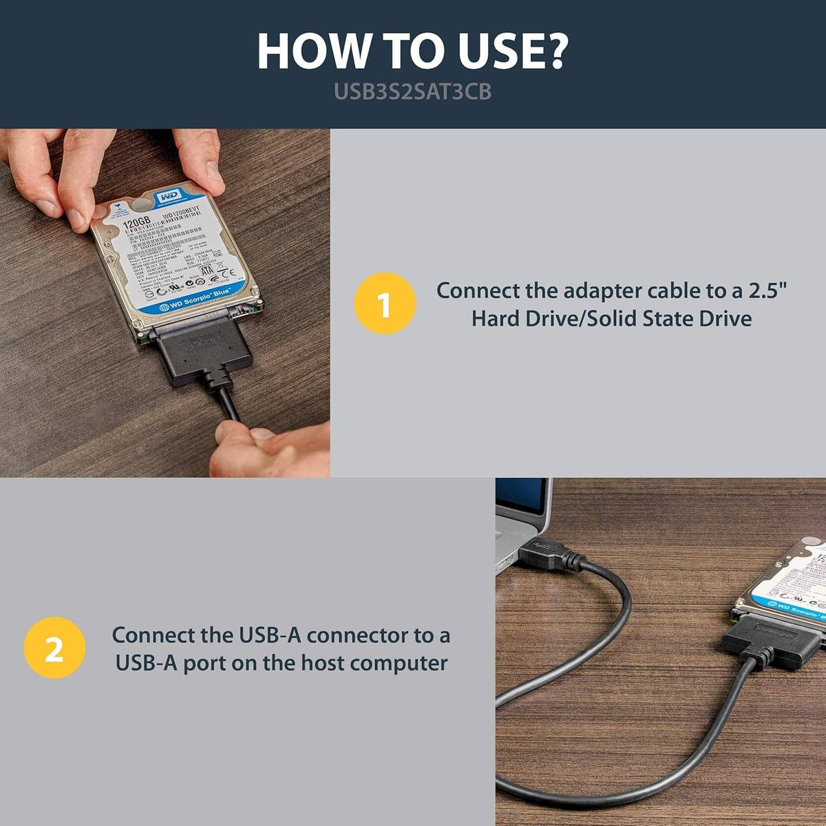 USB adapter cable setup with 2.5-inch SATA drive connected to a computer