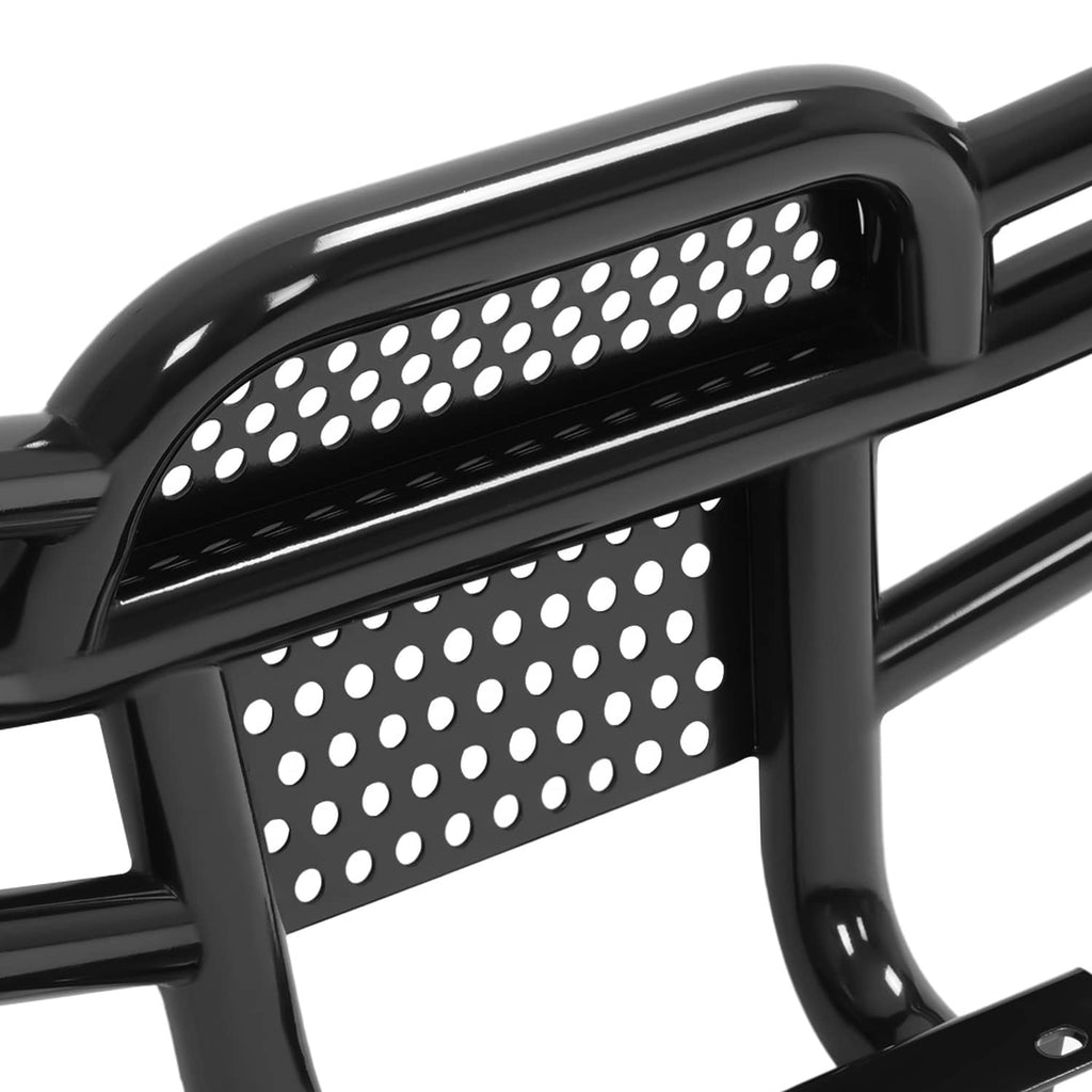Close-up of perforated upper and middle grille panels on black guard