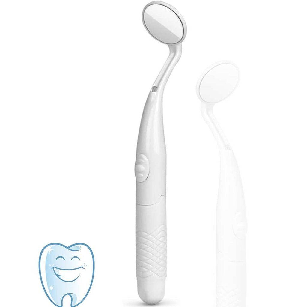 Handheld dental mirror with LED light, round mirror head on white ergonomic handle