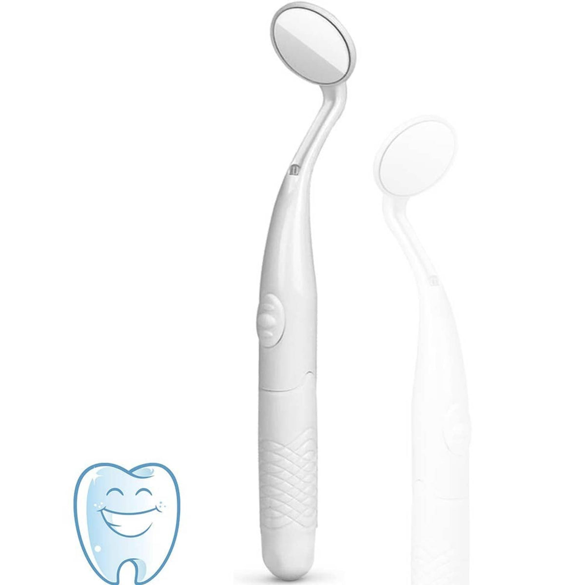 Handheld dental mirror with LED light, round mirror head on white ergonomic handle