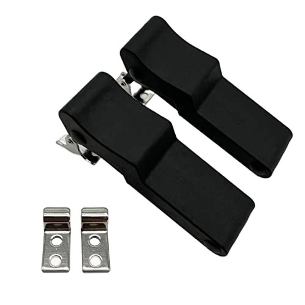 Set of 2 black rubber latches with metal brackets for front storage rack mounting