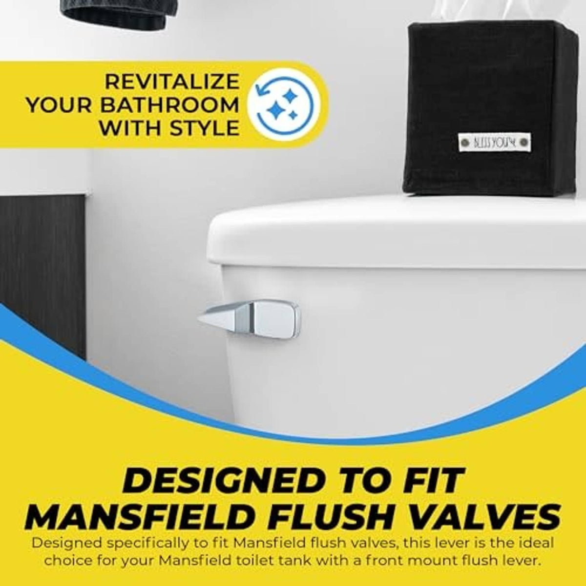 Chrome flush lever mounted on a white toilet tank
