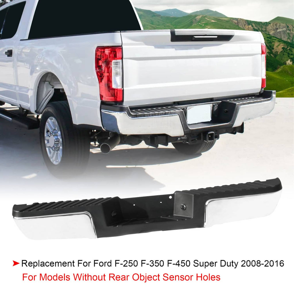 Rear step bumper installed on truck rear with black textured step surface and chrome-trim finish