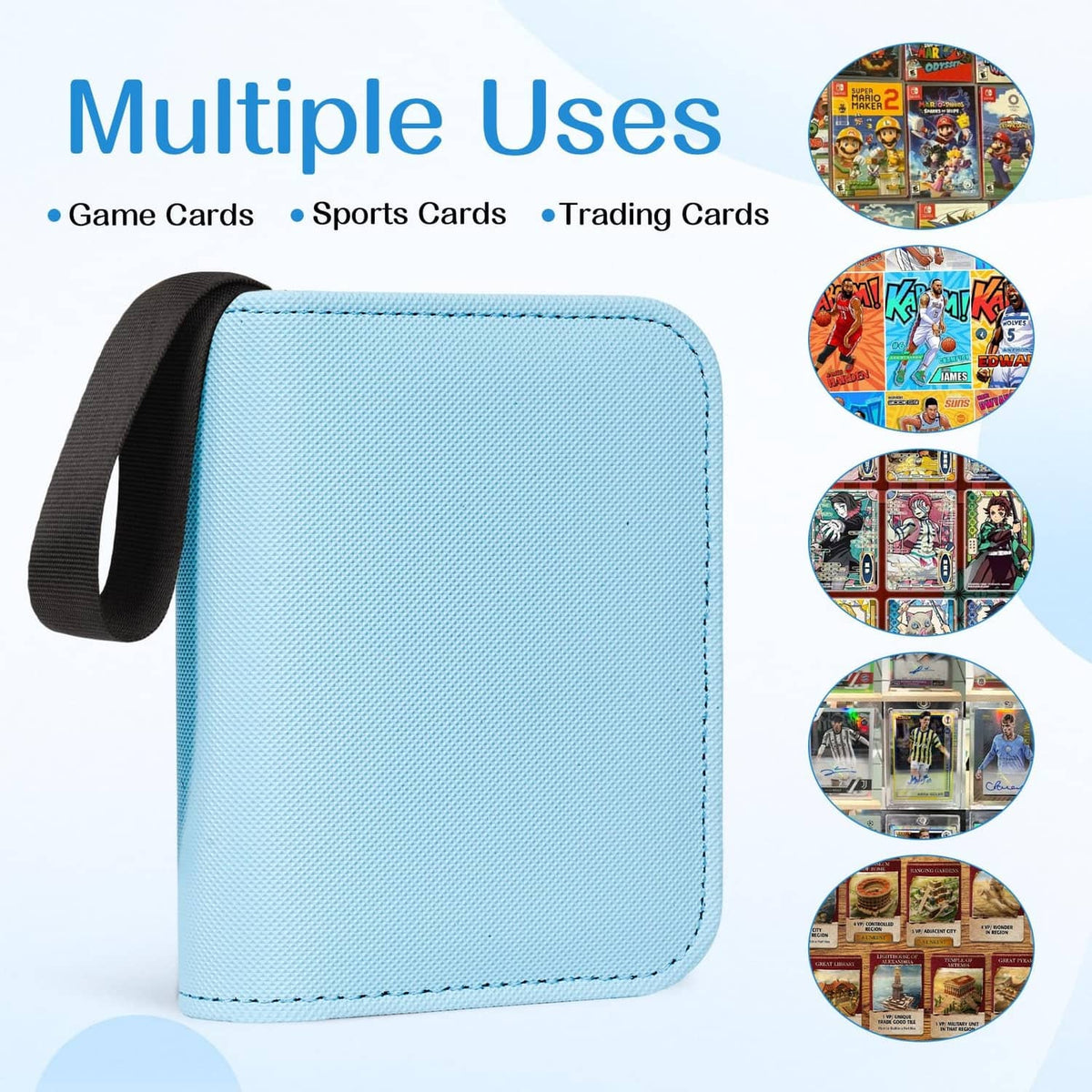 Light blue mini trading card binder with black strap and smooth, textured cover