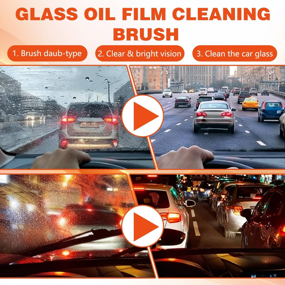 Car glass oil film cleaning brush with orange handle on windshield