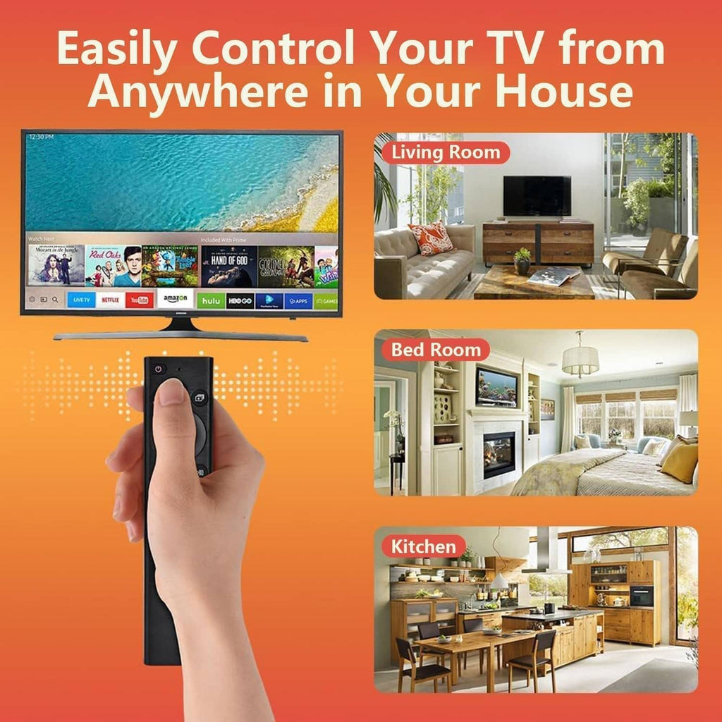 Black TV remote control held in hand with circular navigation pad and volume buttons