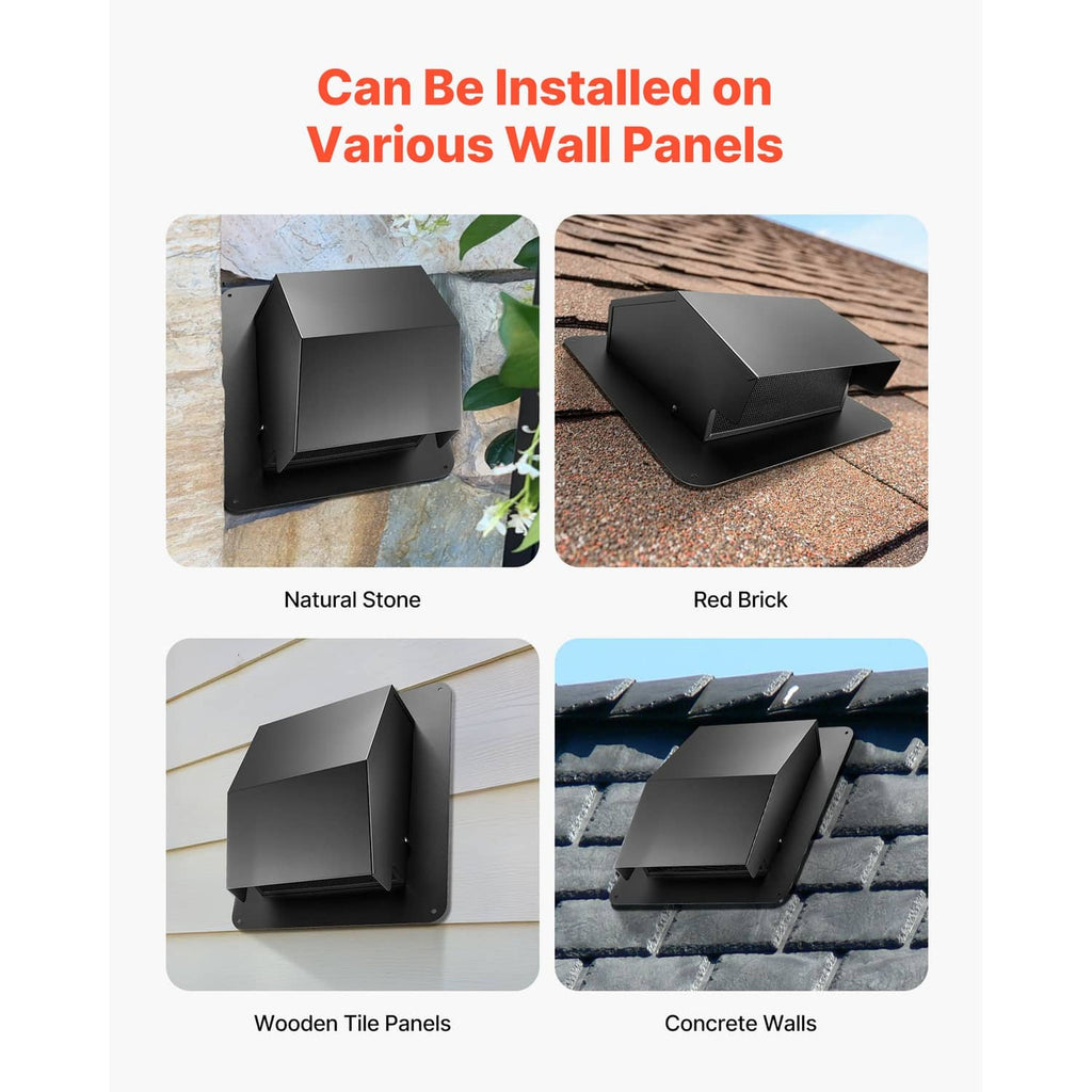 Black hooded wall vent cover shown on mounting surface panels, with plate