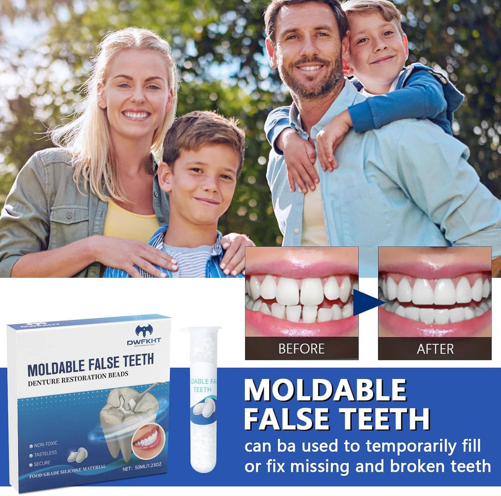 Moldable false teeth kit with box and tube shown with dental before-and-after smile results