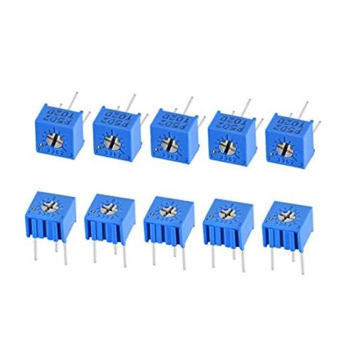 Blue 5K ohm horizontal trimmer potentiometer with top adjustment screw and 3 pins