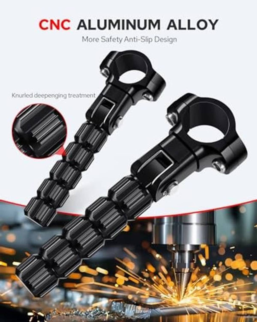 Black CNC motorcycle foot pegs with deep knurl grip and protective clamp brackets