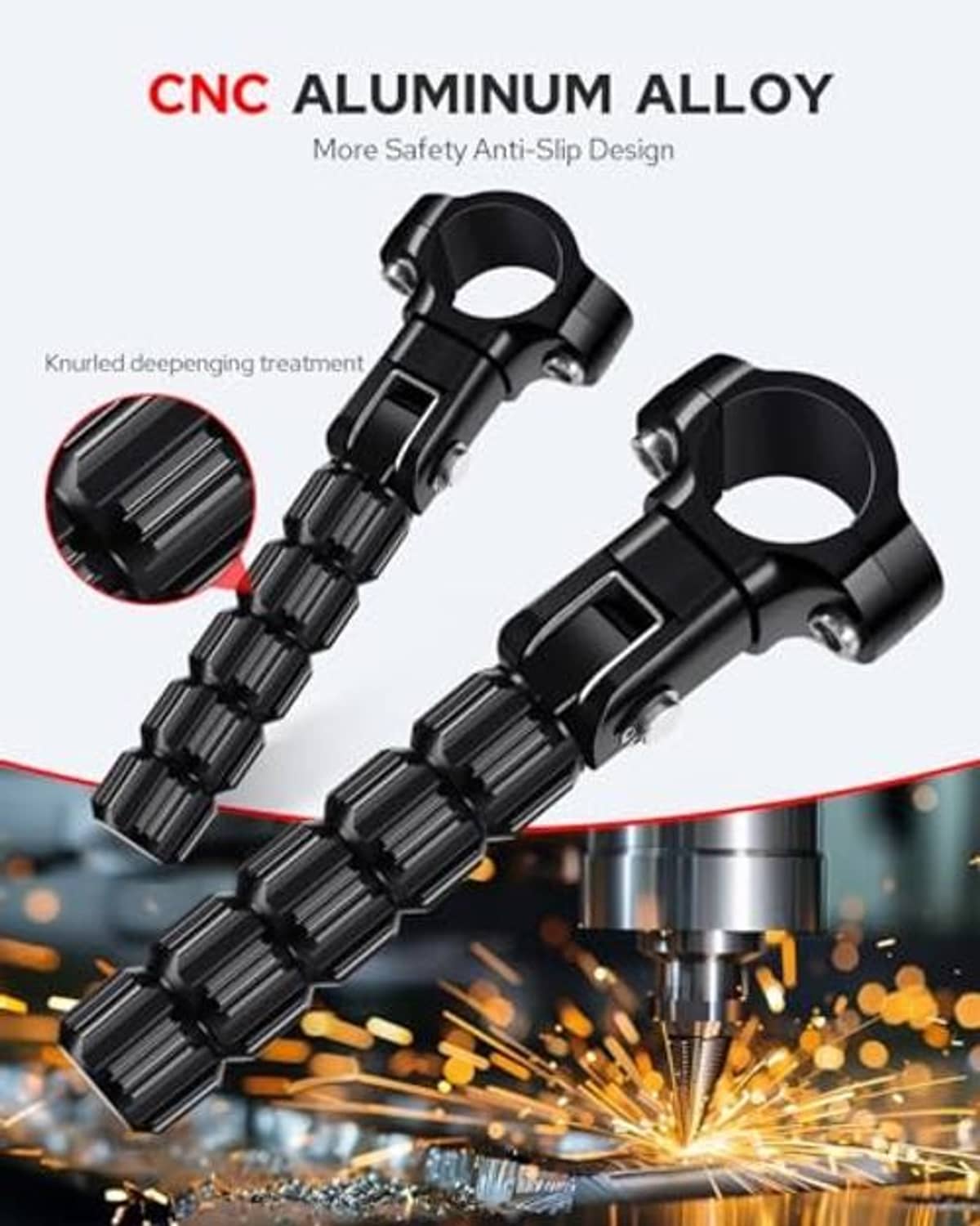 Black CNC motorcycle foot pegs with deep knurl grip and protective clamp brackets