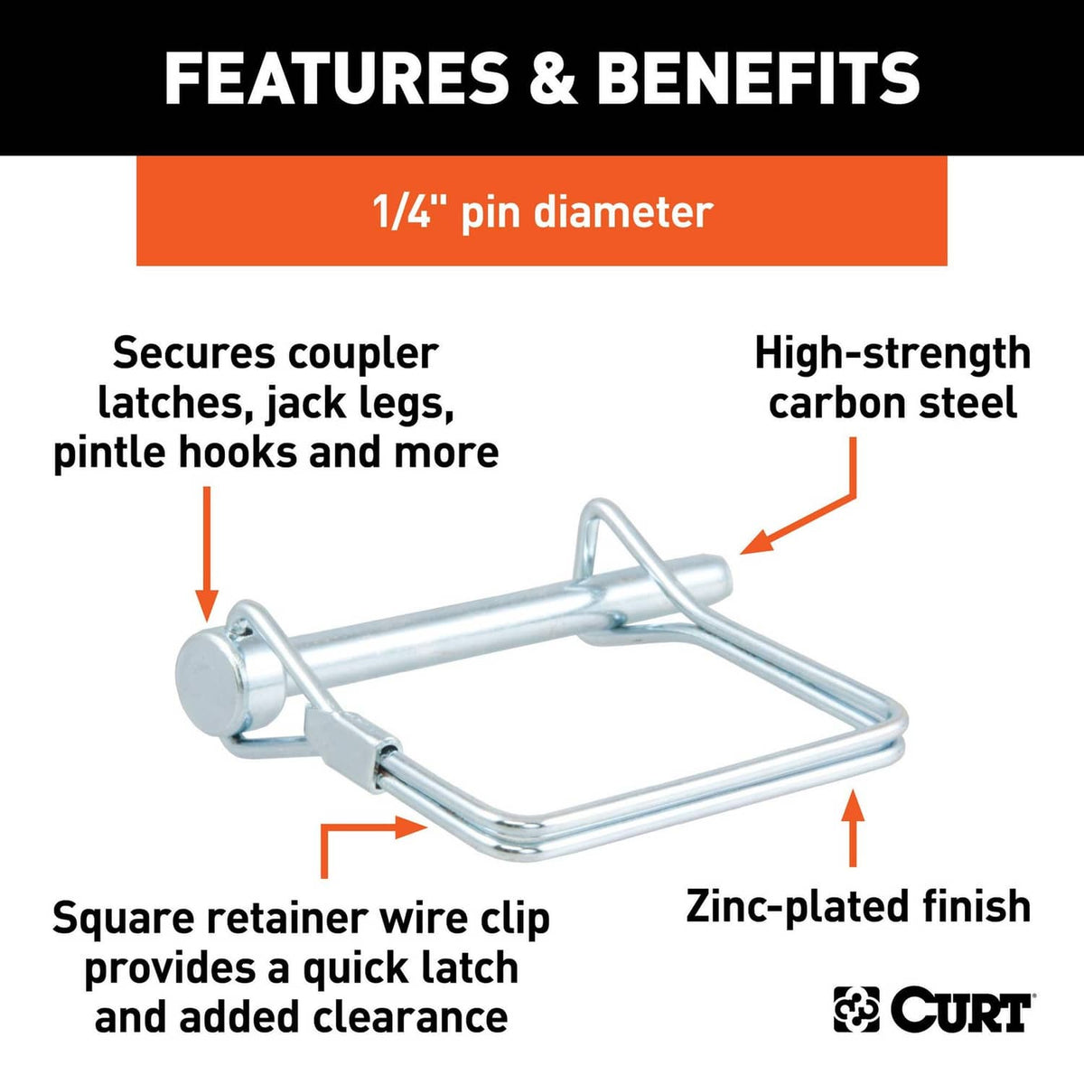 Trailer coupler latch pin features diagram with zinc-plated finish and steel body