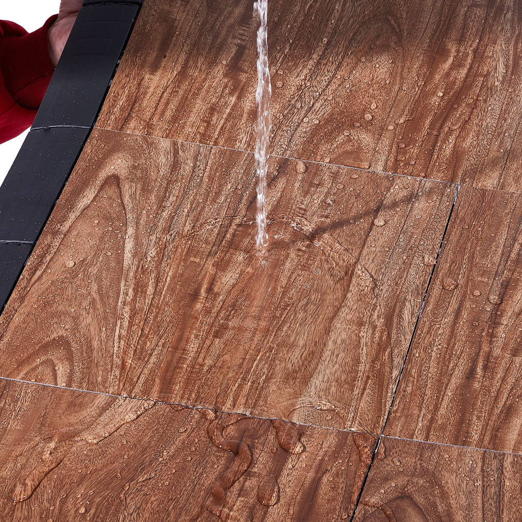 Brown interlocking gym puzzle floor tiles with interlocking seam lines, woodgrain texture