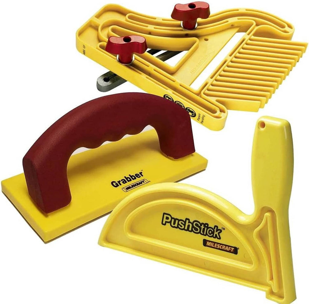 Yellow feather board and push tools bundle with maroon handle and PushStick grip