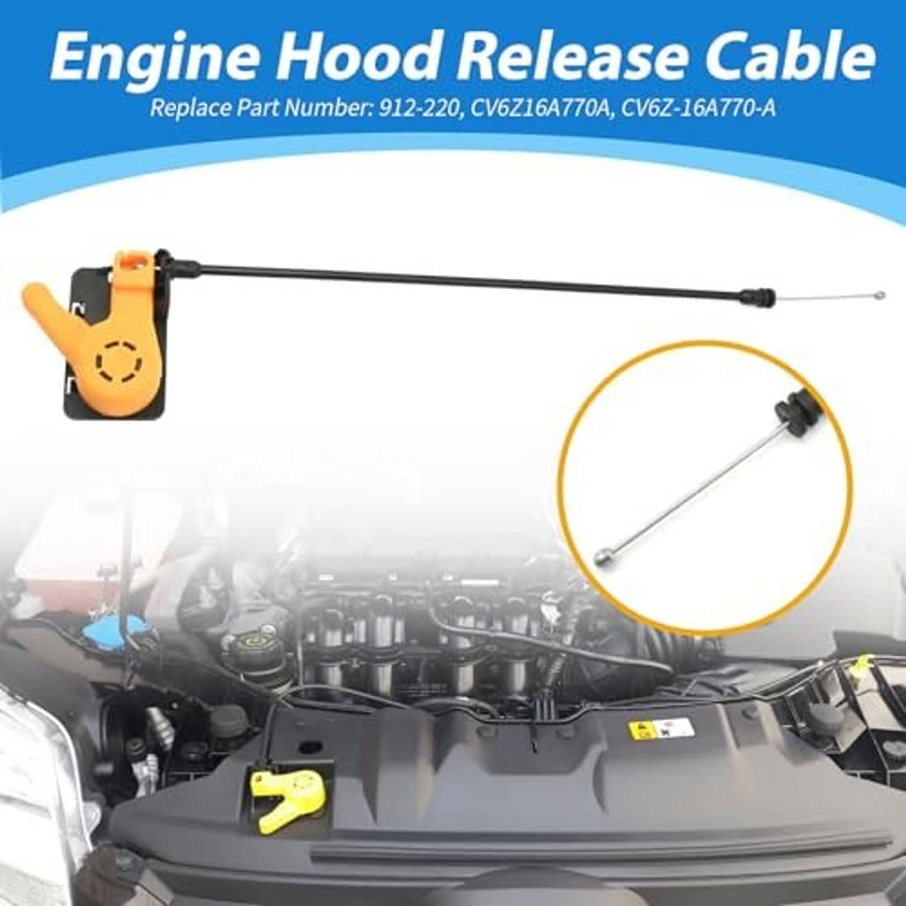 Engine hood release cable with orange latch, long black cable, and metal tip