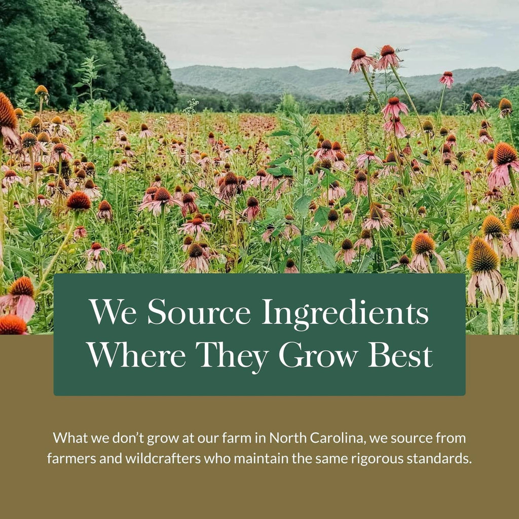 Wildflower field with farm sourcing banner for ingredients where they grow best