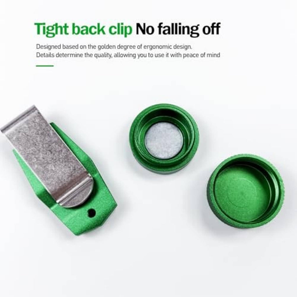 Green metal pool chalk holder back clip with round chalk container and wire tool