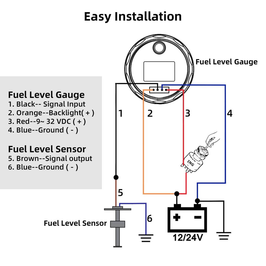 Fuel level gauge wiring diagram showing sensor connections for 12/24V