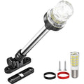 Bimini top anchor light with clear LED lens and brushed metal tube, black mounting base