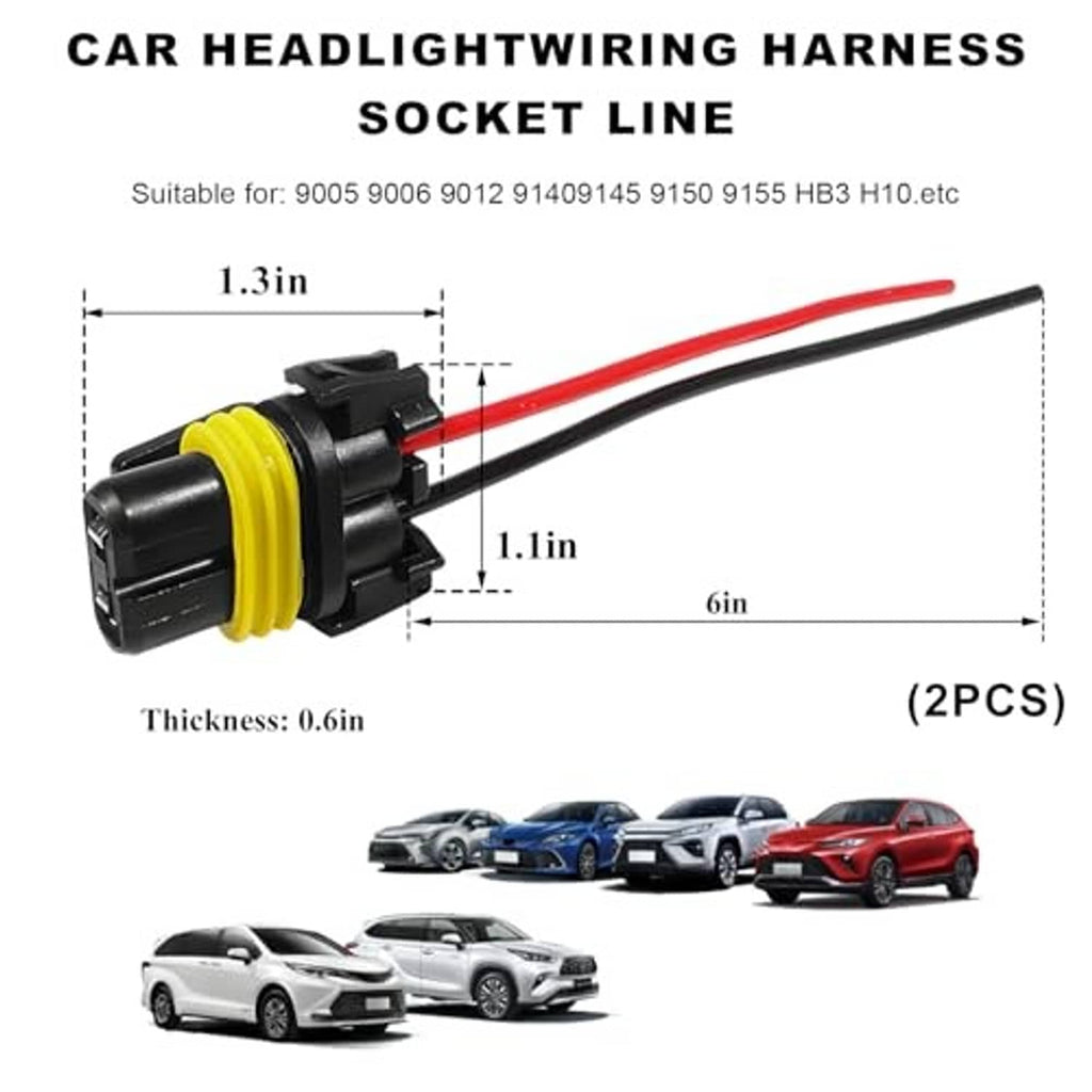 Headlight wiring harness socket line drawing with labeled dimensions for 2-piece set