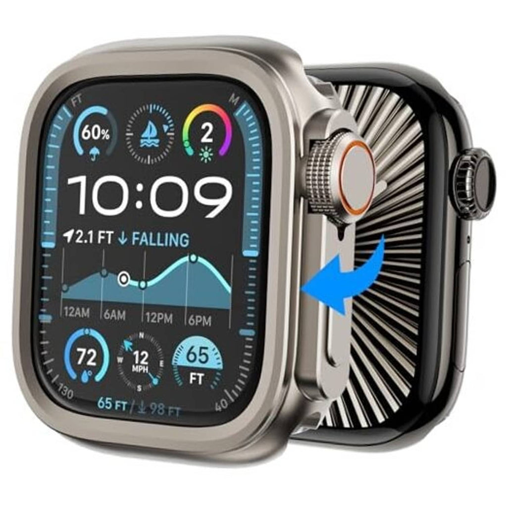 Titanium-tone rugged metal Apple Watch case with orange side button and crown cover