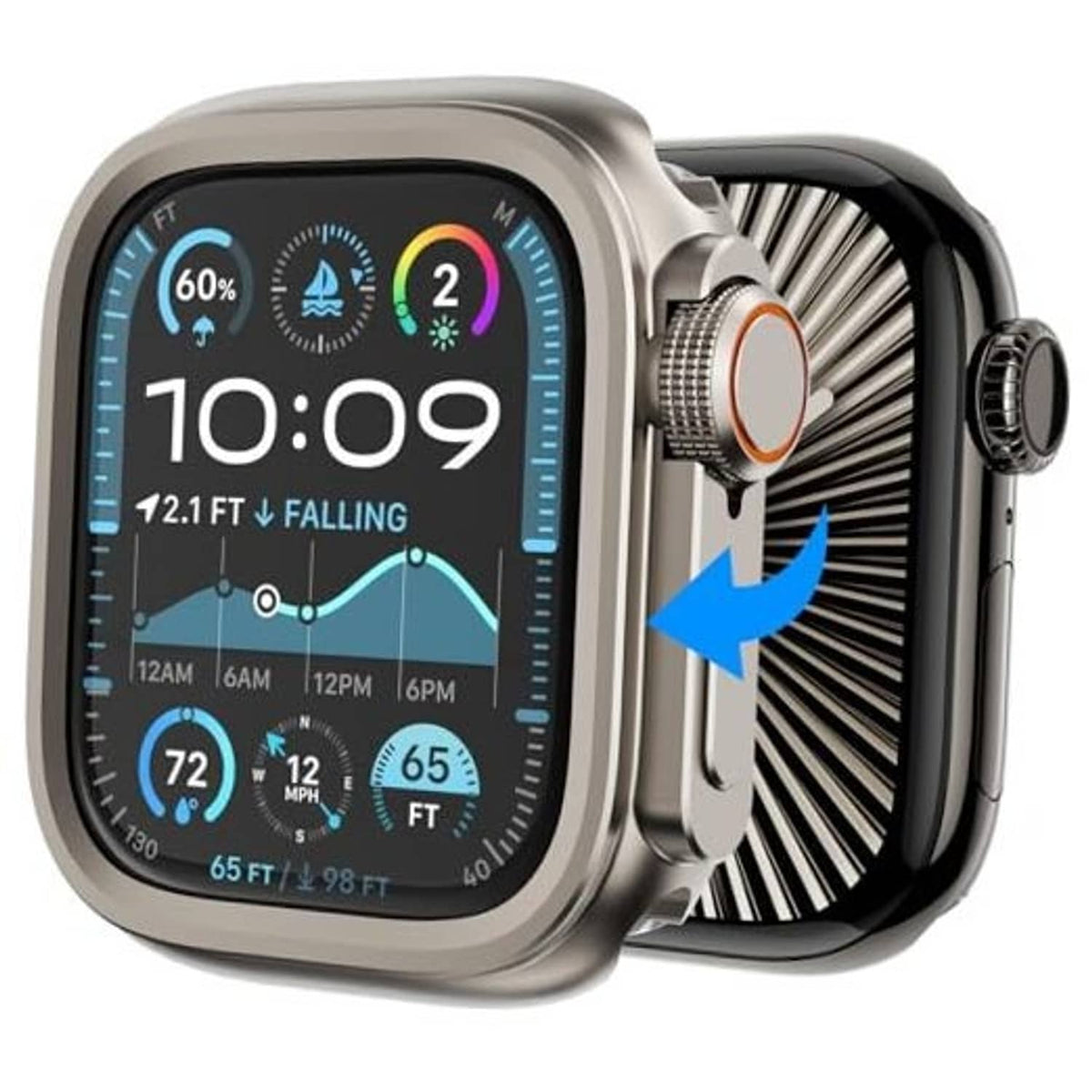 Titanium-tone rugged metal Apple Watch case with orange side button and crown cover