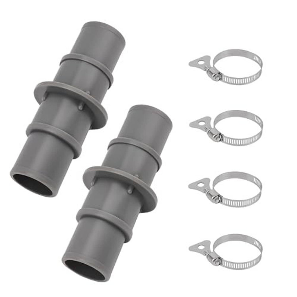 Gray pool hose adapter connector set with two ends and multiple stainless steel clamps