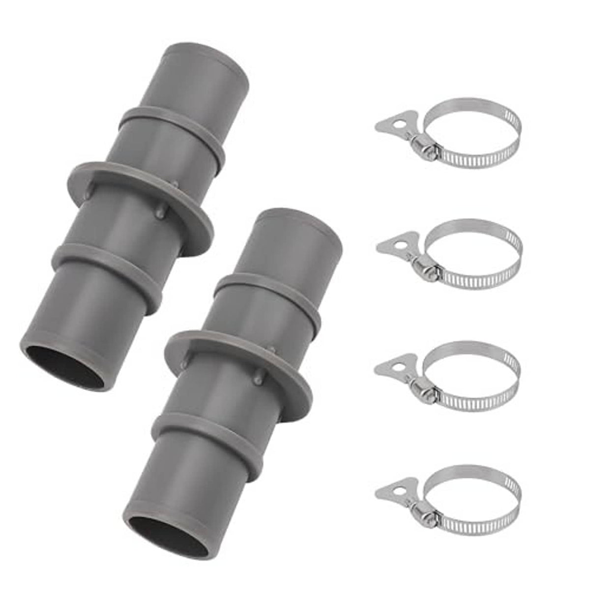 Gray pool hose adapter connector set with two ends and multiple stainless steel clamps