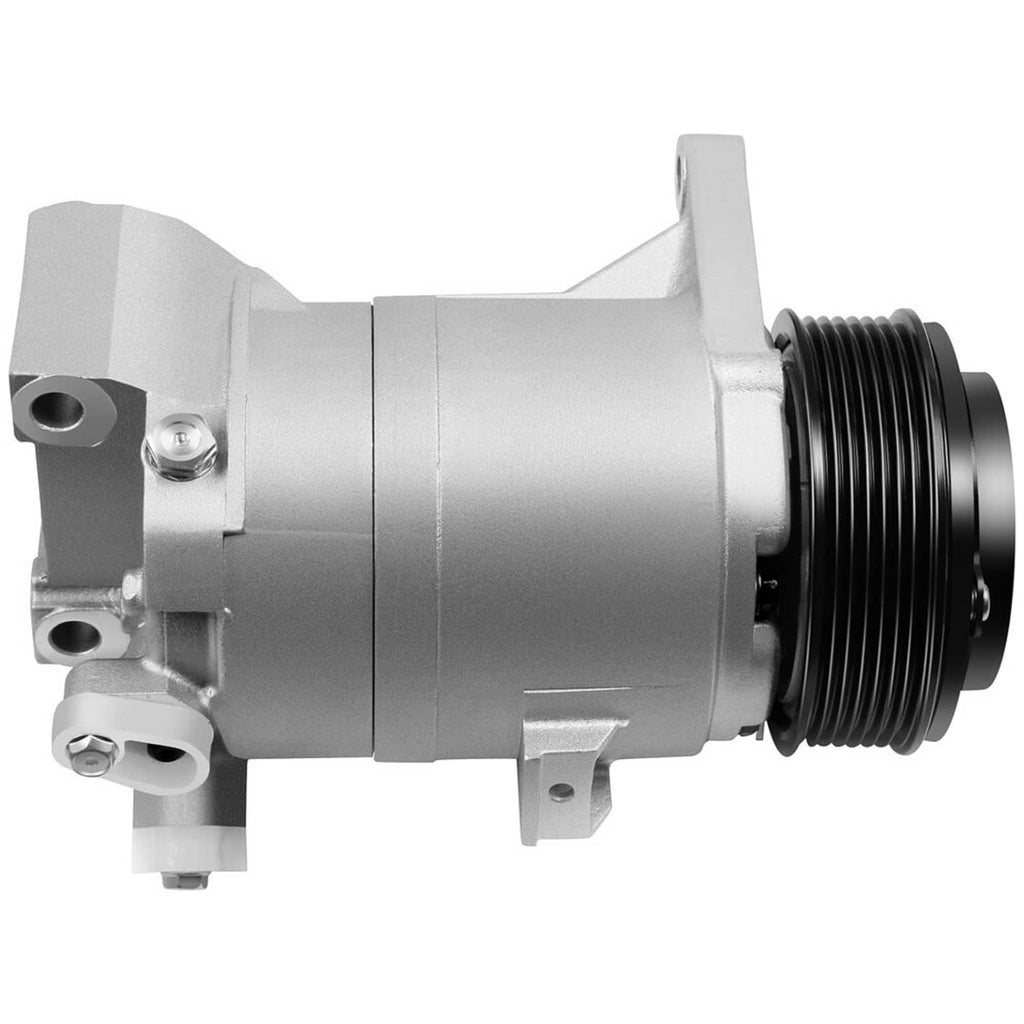 A/C compressor with black ribbed pulley and silver side housing with mounting holes