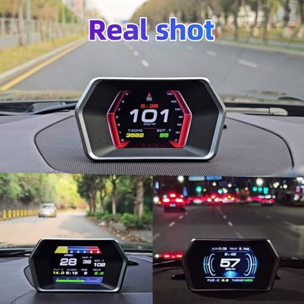 Car HUD heads-up display mounted on dashboard showing KM/H speed gauge and tachometer