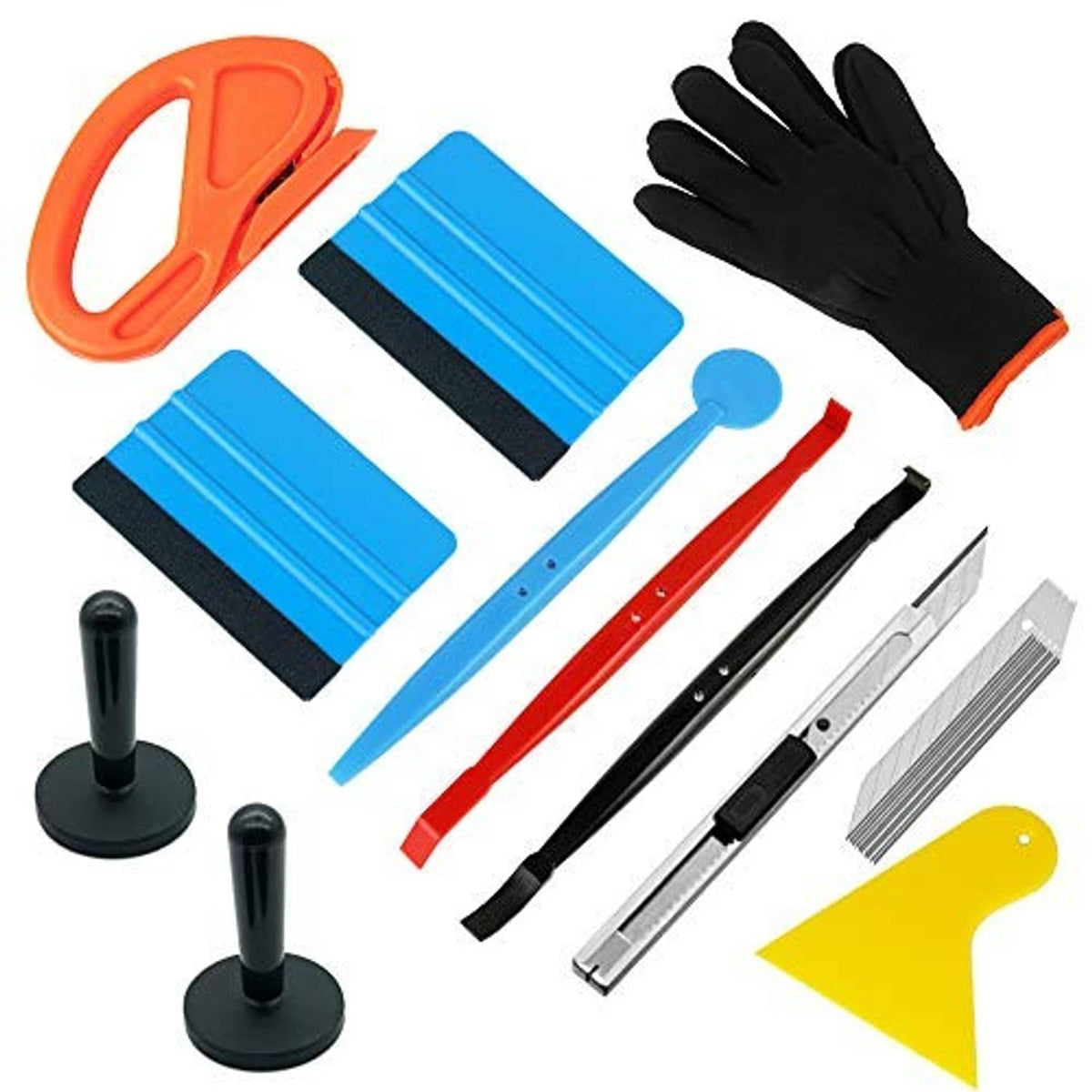 Window tint install tool kit with squeegees, red/black blades, and yellow triangle tool