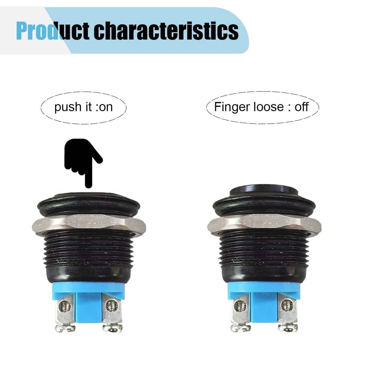 Momentary horn push button switch shown in push-on and released-off positions