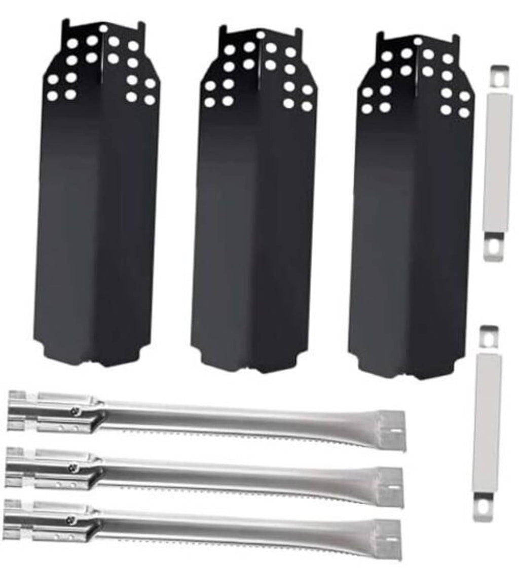 Perforated black burner covers with mounting pieces and stainless crossover tubes