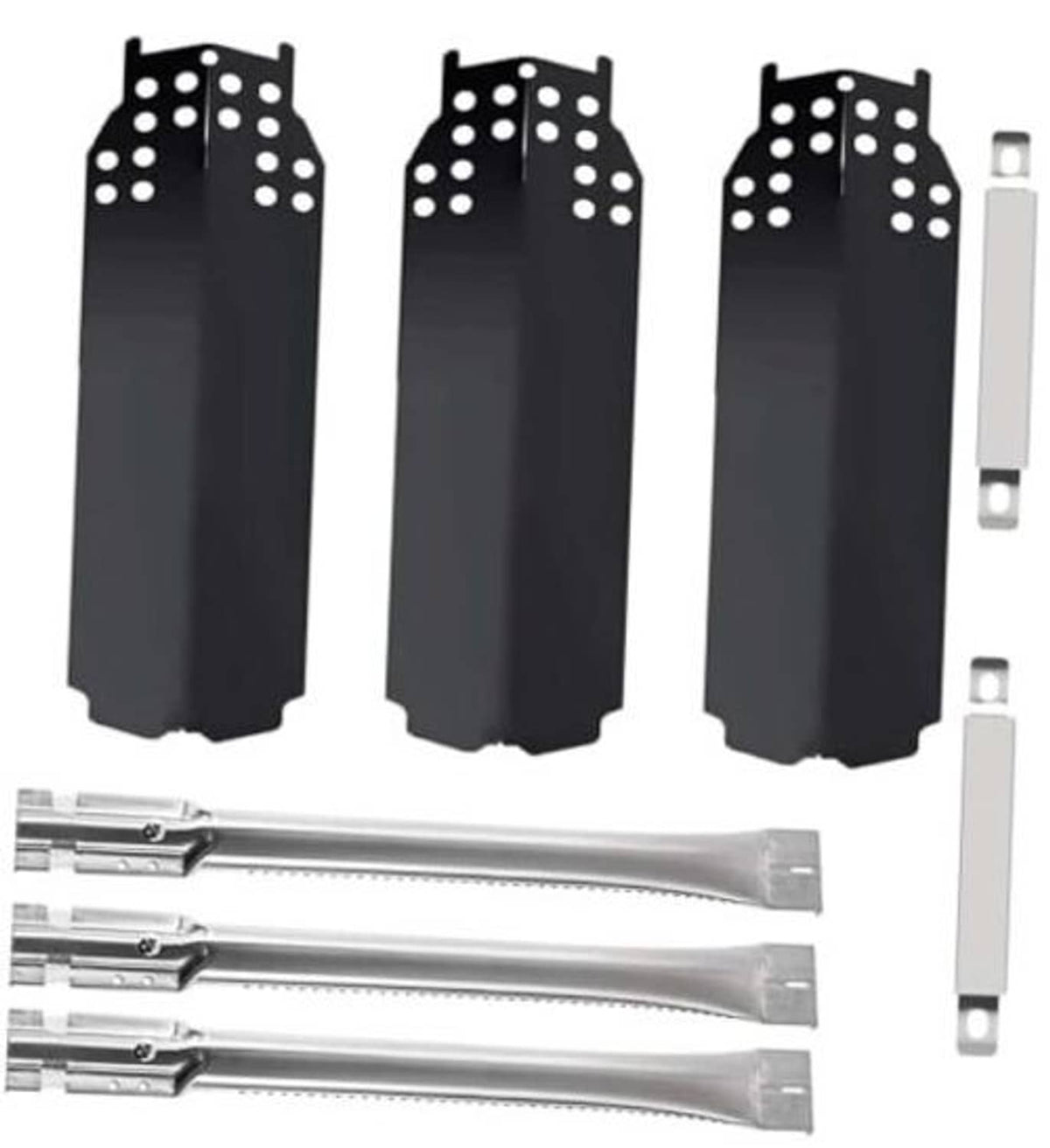 Perforated black burner covers with mounting pieces and stainless crossover tubes