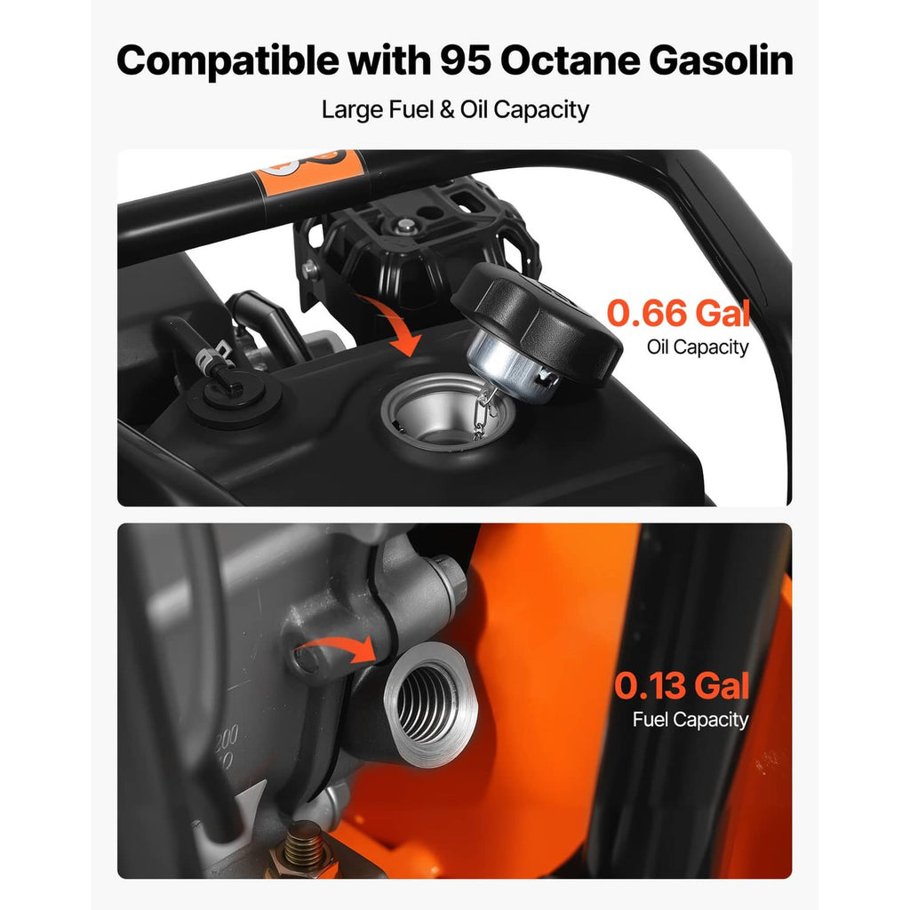 Orange and black gas plate compactor with visible oil and fuel fill caps