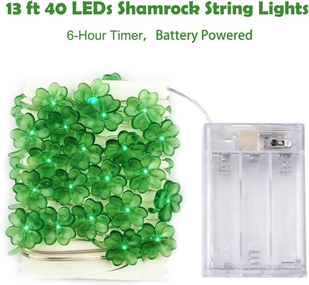 Shamrock string lights set with green LED clover shapes and a battery timer pack