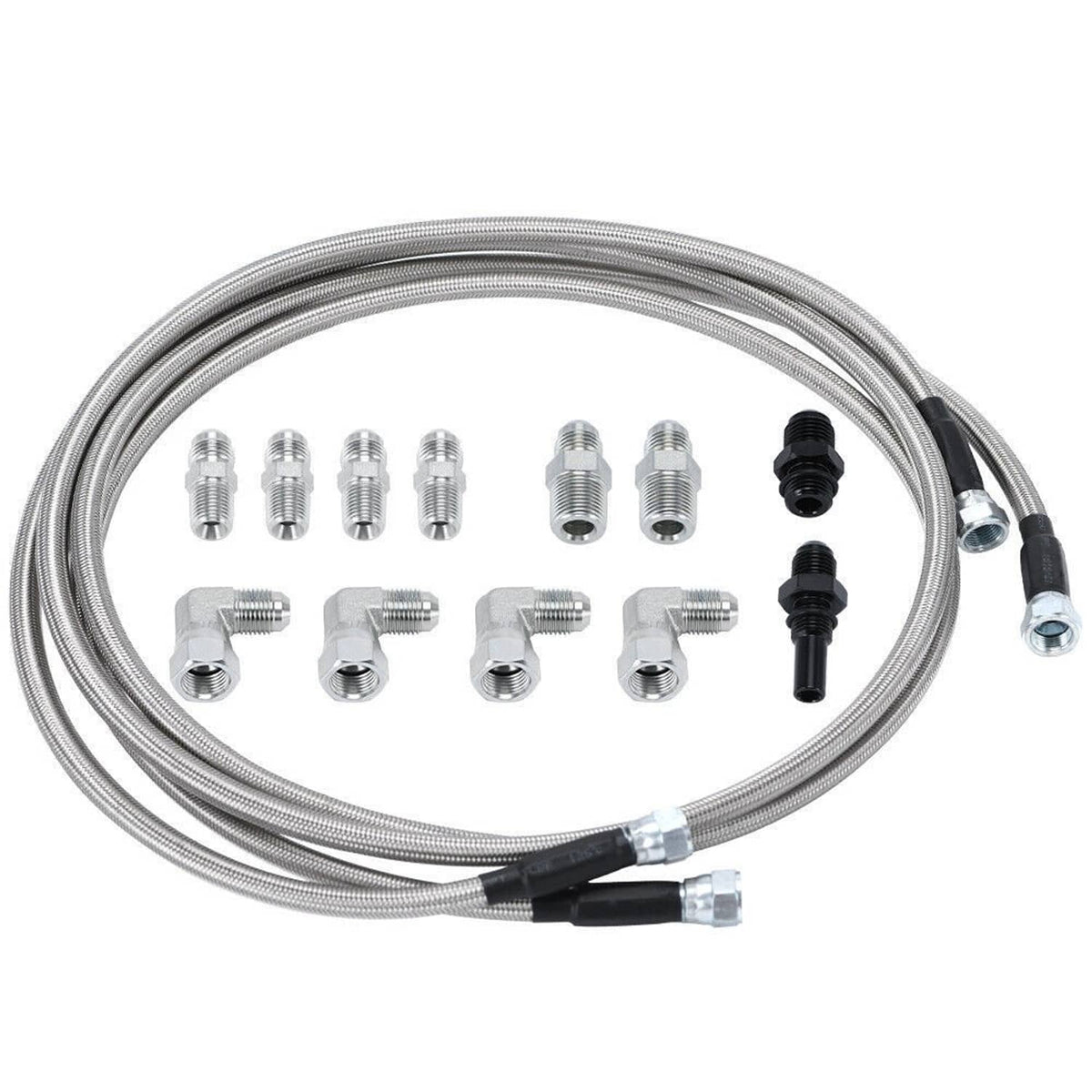 Braided stainless steel transmission cooler hose set with mixed black and chrome fittings