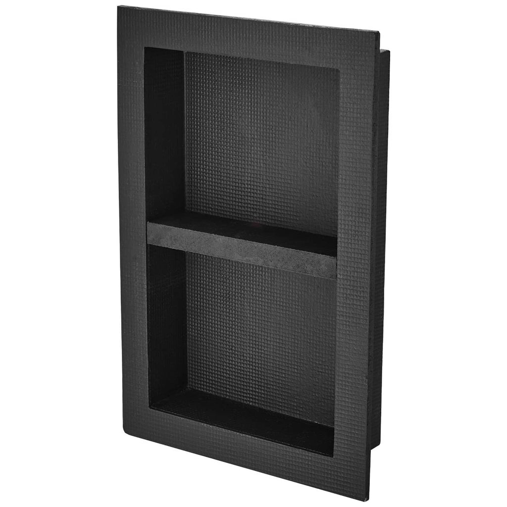 Black double recessed shower niche insert with center divider and ready-to-tile frame